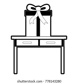 desk table with drawers front view with big gift box in black silhouette