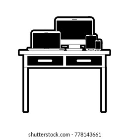 desk table with drawers front view with tech devices above in black silhouette