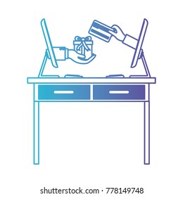 desk table with drawers front view and desktop computer with gift purchase online in degraded blue to purple color contour