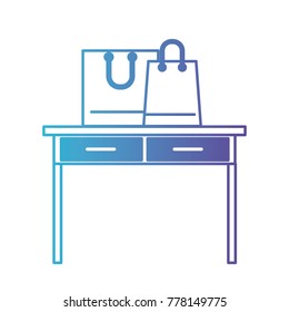 desk table with drawers front view with shopping bags above in degraded blue to purple color contour