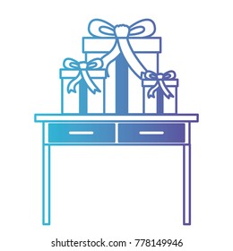 desk table with drawers front view with gifts boxes in degraded blue to purple color contour