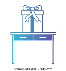 desk table with drawers front view with big gift box in degraded blue to purple color contour