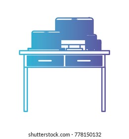 desk table with drawers front view with tech devices above in degraded blue to purple color contour