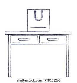 desk table with drawers front view with shopping bag above in dark blue blurred silhouette