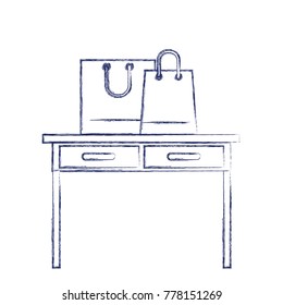 desk table with drawers front view with shopping bags above in dark blue blurred silhouette