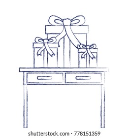 desk table with drawers front view with gifts boxes in dark blue blurred silhouette