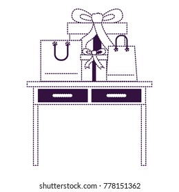 desk table with drawers front view with gifts box and bags above in purple dotted silhouette