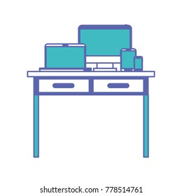 desk table with drawers front view with tech devices above in blue and purple color sections silhouette