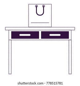 desk table with drawers front view with shopping bag above in purple dotted silhouette