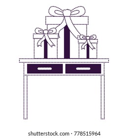 desk table with drawers front view with gifts boxes in purple dotted silhouette