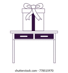 desk table with drawers front view with big gift box in purple dotted silhouette
