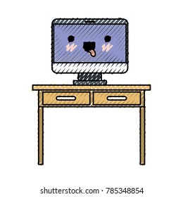 desk table with drawers and kawaii desktop computer above in colored crayon silhouette