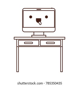 desk table with drawers and kawaii desktop computer above in monochrome silhouette
