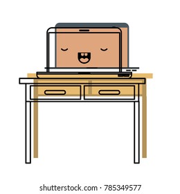 desk table with drawers and kawaii laptop computer above in watercolor silhouette