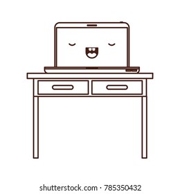 desk table with drawers and kawaii laptop computer above in monochrome silhouette