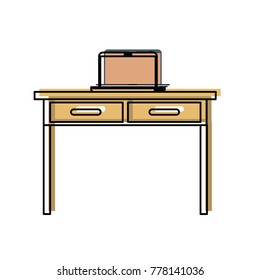 desk table with drawers and laptop computer above in front view in watercolor silhouette