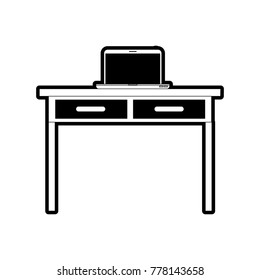 desk table with drawers and laptop computer above in front view in black silhouette