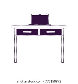 desk table with drawers and laptop computer above in front view in purple dotted silhouette