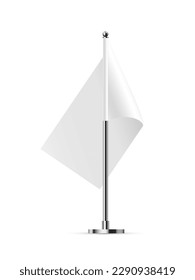 Desk or table flag on chrome pole mock up. White paper or fabric flag on metal stand. Promotional and advertising vector template isolated on white background.