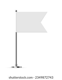 Desk or table flag on chrome pole mock up. White paper or fabric flag on metal stand. Promotional and advertising vector template isolated on white background.