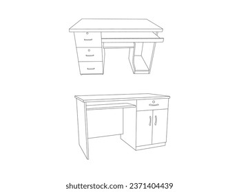 Esbozo de la tabla de escritorio. Símbolo lineal del mobiliario y del escritorio de la escuela de interior. Vector de mesa de oficina moderna, escritorio de estudio aislado en fondo blanco.Señal de escritorio de la escuela vector de línea, símbolo para web y móvil