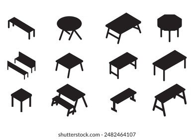 Desk table silhouette set vector design big pack, able picnic icons set isometric vector. Empty garden park. Furniture creation