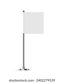 El escritorio o la bandera cuadrada de la mesa en el poste cromado se burlan. Papel blanco o bandera de tela sobre soporte de metal. Plantilla de vector promocional y publicitario aislada en fondo blanco.