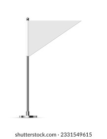 Desk or table triangle flag on chrome pole mock up. White paper or fabric flag on metal stand. Promotional and advertising vector template isolated on white background.