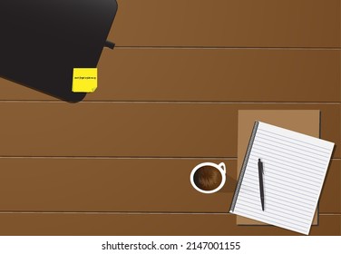 La plantilla de escritorio es adecuada para uso de negocios. o un día libre en el trabajo Hay ordenadores portátiles, notas y café.