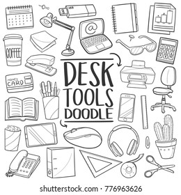 Desk Tools Items Traditional Doodle Icons Sketch Hand Made Design Vector.