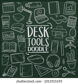 Desk Tools Office Work Doodle Line Icon Chalkboard Sketch Hand Made Vector Art