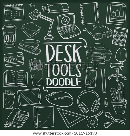 Desk Tools Office Work Doodle Line Icon Chalkboard Sketch Hand Made Vector Art