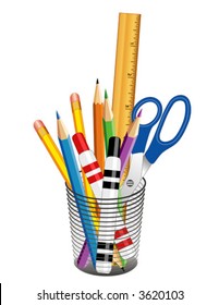 Desk Tools in organizer for business, office, home,  back to school, write and draw: colored pencils, ruler, scissors, felt tip marker pens. EPS8 compatible.