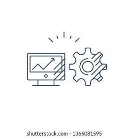 Desk top computer screen mono line icon, online business concept, web site design, internet technology vector