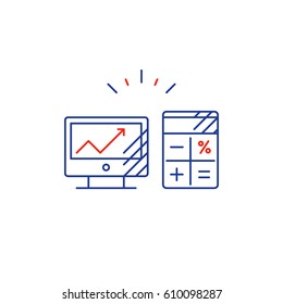 Desk top computer screen mono line icon, online business concept vector