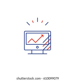 Desk top computer screen mono line icon, online business concept vector