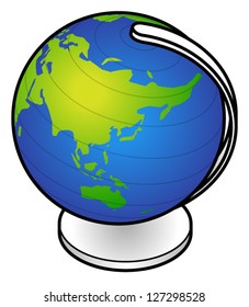 A desk top globe showing East Asia, South Asia, and Australasia.
