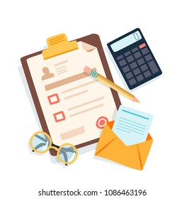 Desk top view with documents, pen and calculator and envelope. Business accounting or audit background concept