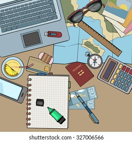 Desk top view filled with various items, laptop, notebooks, organizing a holiday, travel concept, vector illustration