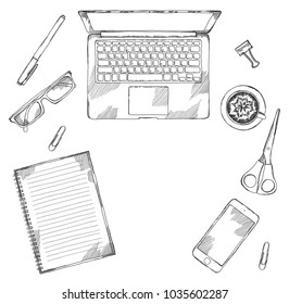 Desk top view frame. Laptop, phone, pen, notebook. Hand drawn sketch vector illustration. Engraved style image.