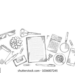 Desk top view frame. Laptop, phone, pen, notebook. Hand drawn sketch vector illustration. Engraved style image.