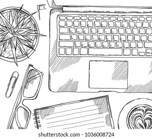 Desk top view frame. Laptop, phone, pen, notebook. Hand drawn sketch vector illustration. Engraved style image.