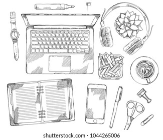 Desk top view frame. Laptop, phone, pen, notebook. Hand drawn sketch vector illustration. Engraved style image.
