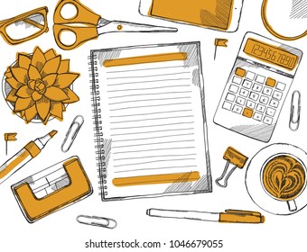 Desk top view frame. Laptop, phone, pen, notebook. Hand drawn sketch vector illustration. Engraved style image.