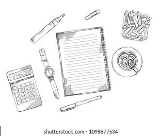Desk top view frame. Laptop, phone, pen, notebook. Hand drawn sketch vector illustration. Engraved style image.