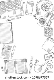 Desk top view frame. Laptop, phone, pen, notebook. Hand drawn sketch vector illustration. Engraved style image.