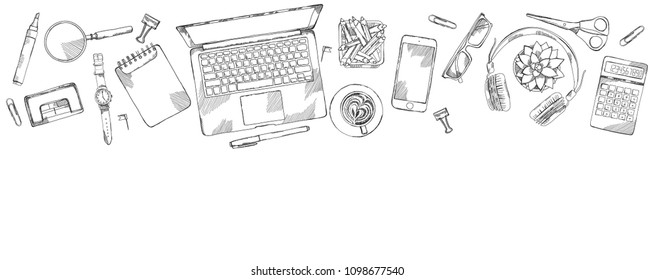 Desk top view frame. Laptop, phone, pen, notebook. Hand drawn sketch vector illustration. Engraved style image.