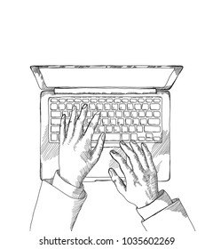Desk top view frame. Male hands working on laptop, phone, pen, notebook. Hand drawn sketch vector illustration. Engraved style image.
