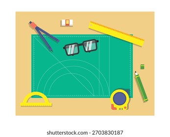Desk top view of working on a sketch project for school. Character design. Vector flat illustration