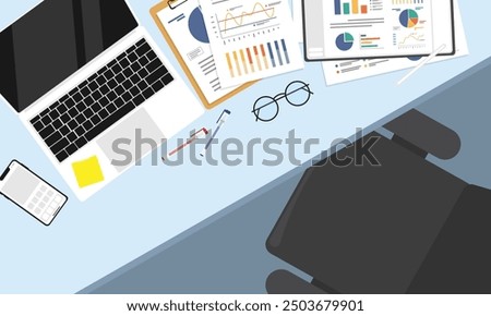 Desk from top view, Workplace with laptop computer and document, Top view of work table and chair.